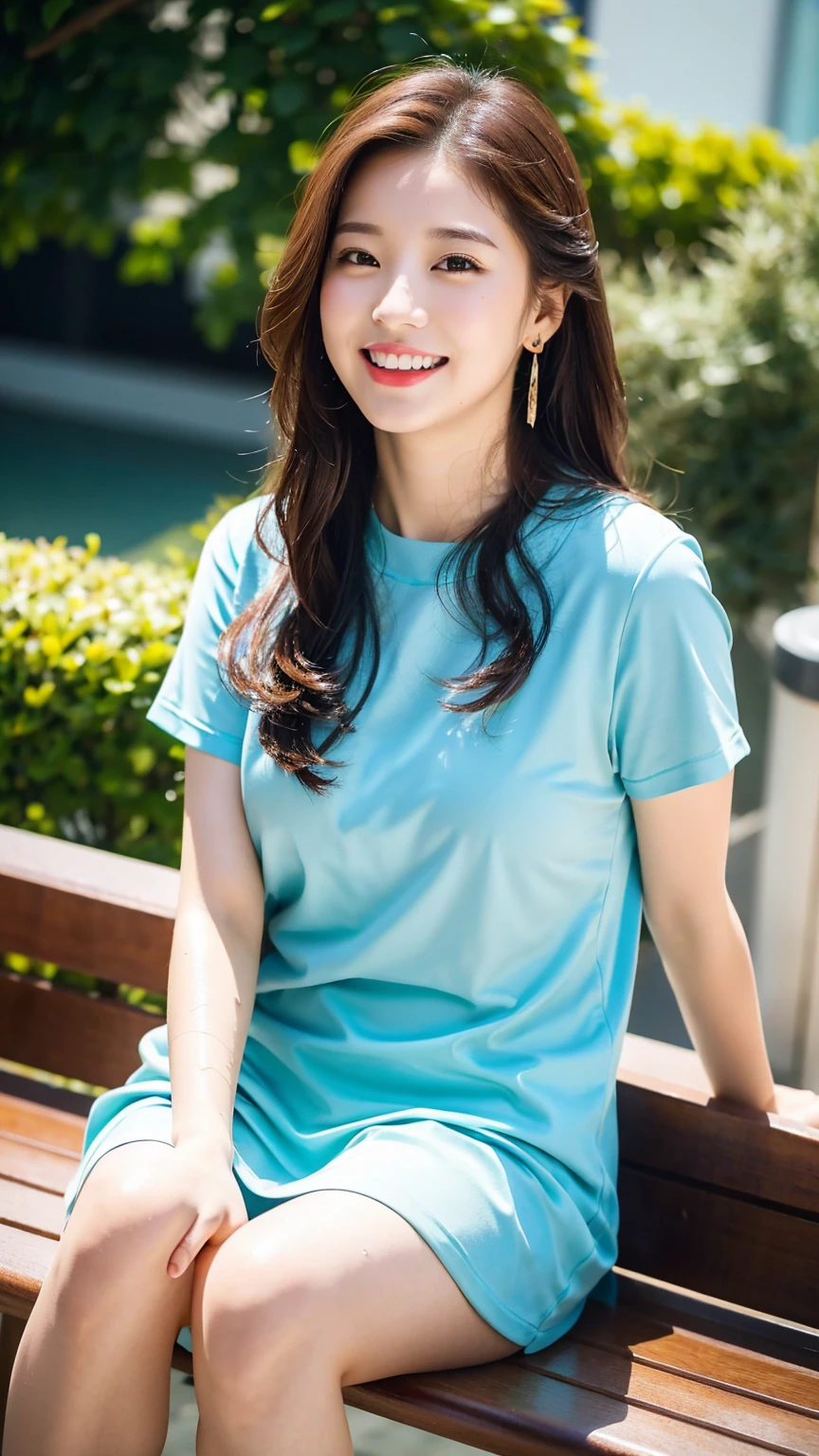 (8K), (best quality: 1.2), (realistic), (realistic: 1.37), ultra high resolution, 1 girl, cute, laugh, closed mouth, beautiful details, beautiful nose, wet hair, red lip,small earrings,huge two cells, pork, thighs,Self Snap,College student ,sunny day,I can see the sea,sitting on bench,cross one's legs,look down,from above,(Simple light brown blazer 1),(dark brown pleated skirt),(dark red bow tie),(The pattern of the skirt and tie is a tartan check pattern....:1.3),濡れたthighs,Knee High Tights,(thighsにクローズアップ1)