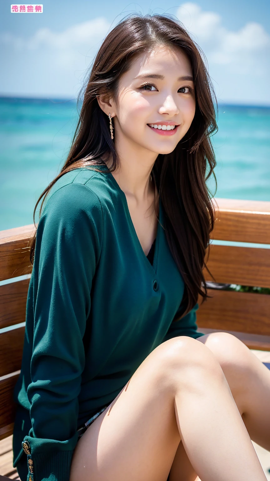 (8K), (best quality: 1.2), (realistic), (realistic: 1.37), ultra high resolution, 1 girl, cute, laugh, closed mouth, beautiful details, beautiful nose, wet hair, red lip,small earrings,huge two cells, pork, thighs，Self Snap,College student ,sunny day,I can see the sea,sitting on bench,cross one&#39;s legs,look down,from above,(Simple light brown blazer 1),(dark brown pleated skirt),(dark red bow tie),(The pattern of the skirt and tie is a tartan check pattern....:1.3),濡れたthighs,Knee High Tights,(thighsにクローズアップ1)
