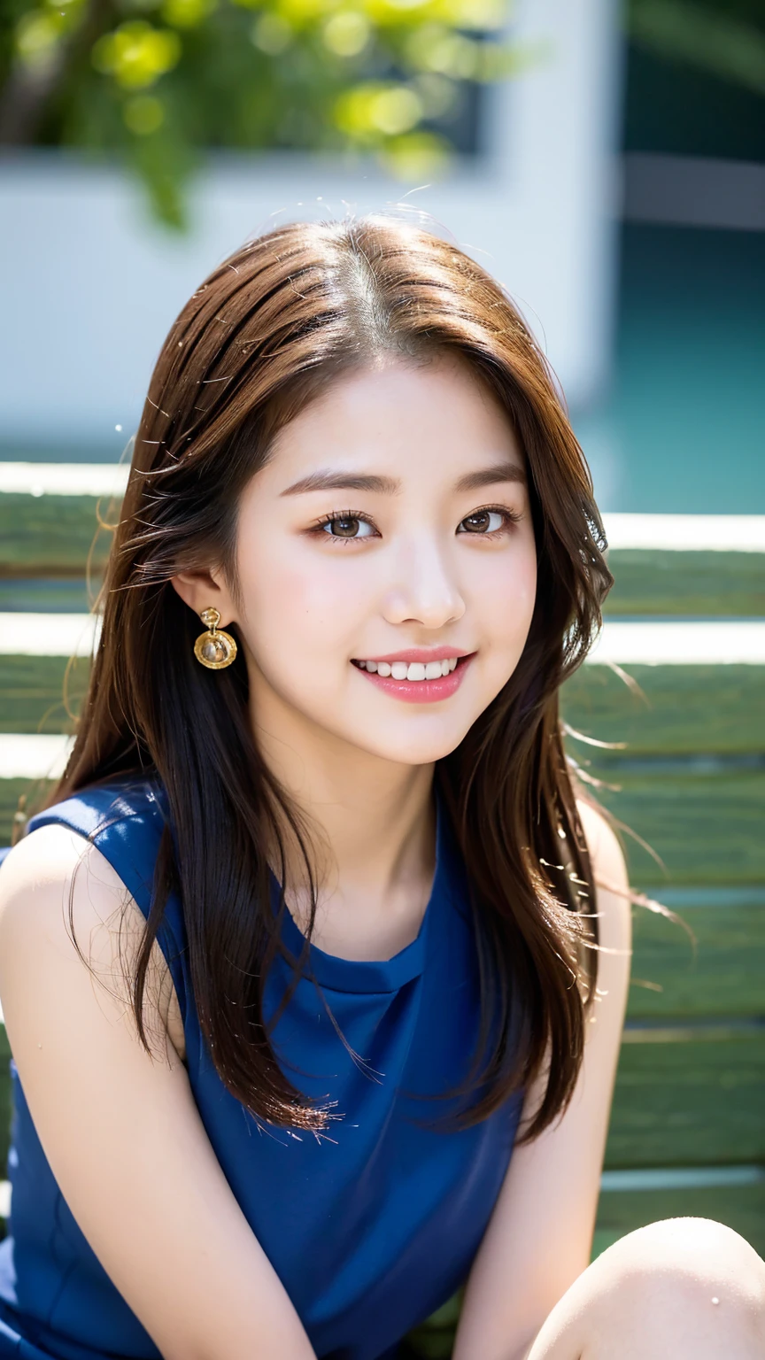 (8K), (best quality: 1.2), (realistic), (realistic: 1.37), ultra high resolution, 1 girl, cute, laugh, closed mouth, beautiful details, beautiful nose, wet hair, red lip,small earrings,huge two cells, pork, thighs，Self Snap,College student ,sunny day,I can see the sea,sitting on bench,cross one&#39;s legs,look down,from above,(Simple light brown blazer 1),(dark brown pleated skirt),(dark red bow tie),(The pattern of the skirt and tie is a tartan check pattern....:1.3),濡れたthighs,Knee High Tights,(thighsにクローズアップ1)