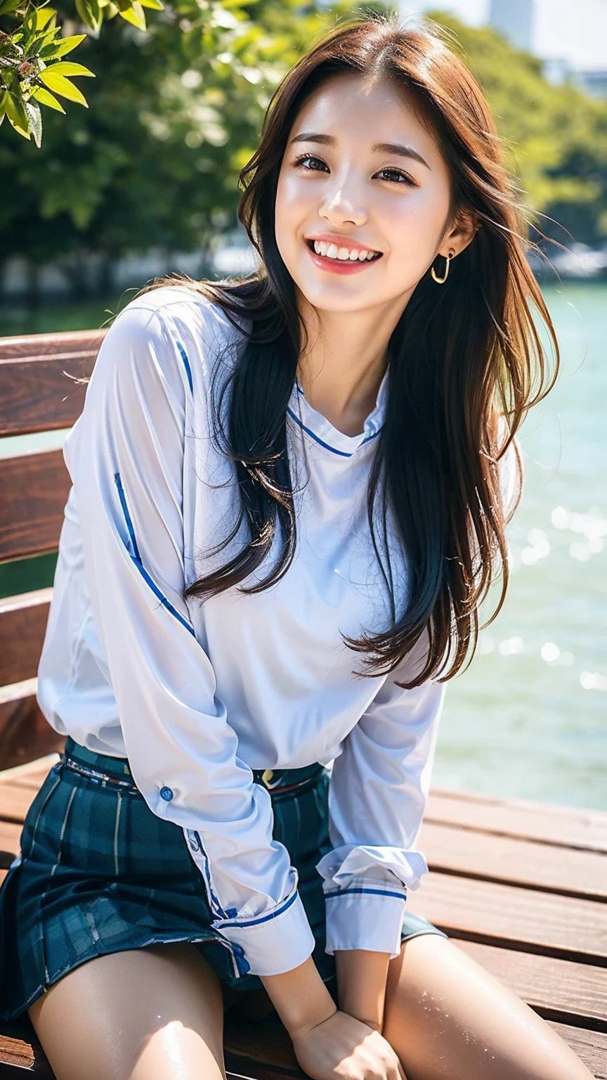 (8K), (best quality: 1.2), (realistic), (realistic: 1.37), ultra high resolution, 1 girl, cute, laugh, closed mouth, beautiful details, beautiful nose, wet hair, red lip,small earrings,huge two cells, pork, thighs,Self Snap,College student ,sunny day,I can see the sea,sitting on bench,cross one's legs,look down,from above,(Simple light brown blazer 1),(dark brown pleated skirt),(dark red bow tie),(The pattern of the skirt and tie is a tartan check pattern....:1.3),濡れたthighs,Knee High Tights,(thighsにクローズアップ1)