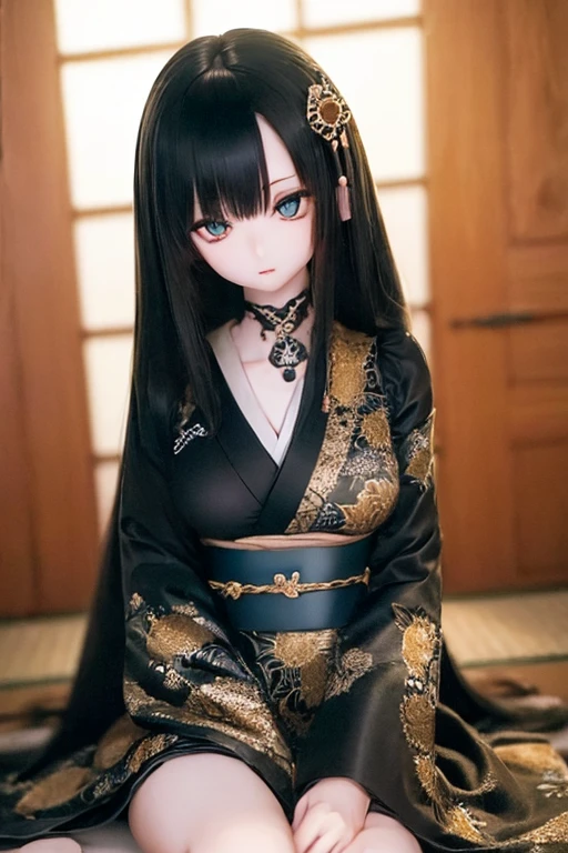 (SFW:2), photorealistic, realistic photo, ((highest quality)), ((masterpiece)), ((extremely detailed)), kukolnydom, doll, (mature woman:1.6), solo, ((cowboy shot, seiza, skinny, slender, slim, kimono, obi, hair ornament)), green eyes, parted lips, (black hair, long hair, looking at another, blank eyes, empty eyes, detailed eyes, detailed clothes:1.3), Japanese room, 8k