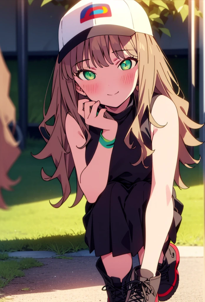 minami yume ,sss Dynazenon ,Long Hair, Brown Hair, (Green Eyes:1.5) ,blush,smile,hair band,Sleeveless shirt,Baseball cap,Long skirt,boots,Daytime,Clear skies,Walking,whole bodyがイラストに入るように, break looking at viewer, whole body, break outdoors ,Building district, break (masterpiece:1.2), Highest quality, High resolution, unity 8k wallpaper, (shape:0.8), (Beautiful and beautiful eyes:1.6), Highly detailed face, Perfect lighting, Extremely detailed CG, (Perfect hands, Perfect Anatomy),