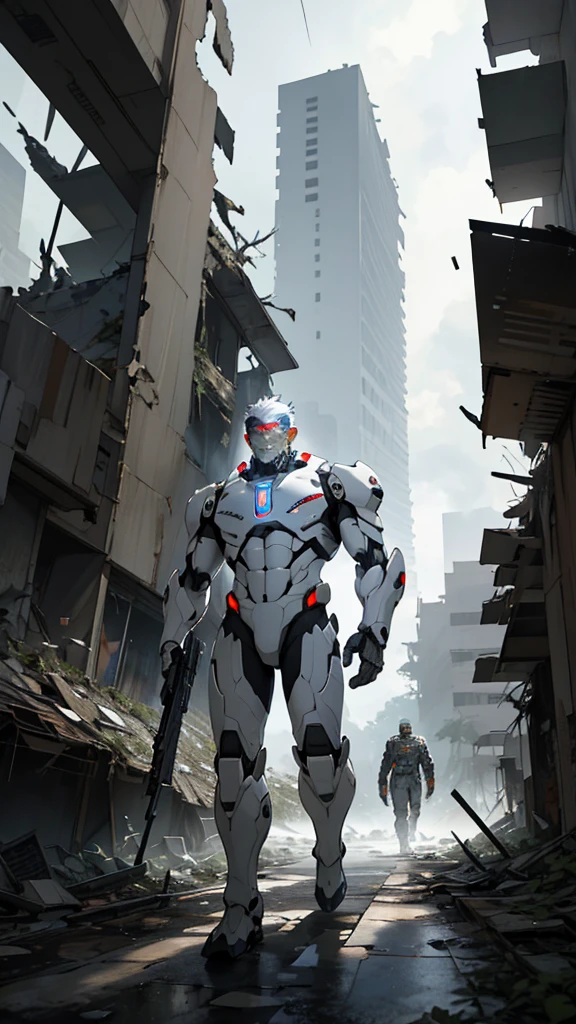 An Indonesian man with short hair, wearing a white mecha suit, walks holding a rifle amidst war-torn ruins filled with lightning. This photo's creativity captivates by blending traditional and futuristic elements, creating a striking and meaningful visual.