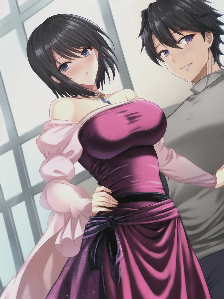 Male, crossdressing, male wear long dress, black hair, short hair, blakc eyes, pink lips, blush, looking at viewer,