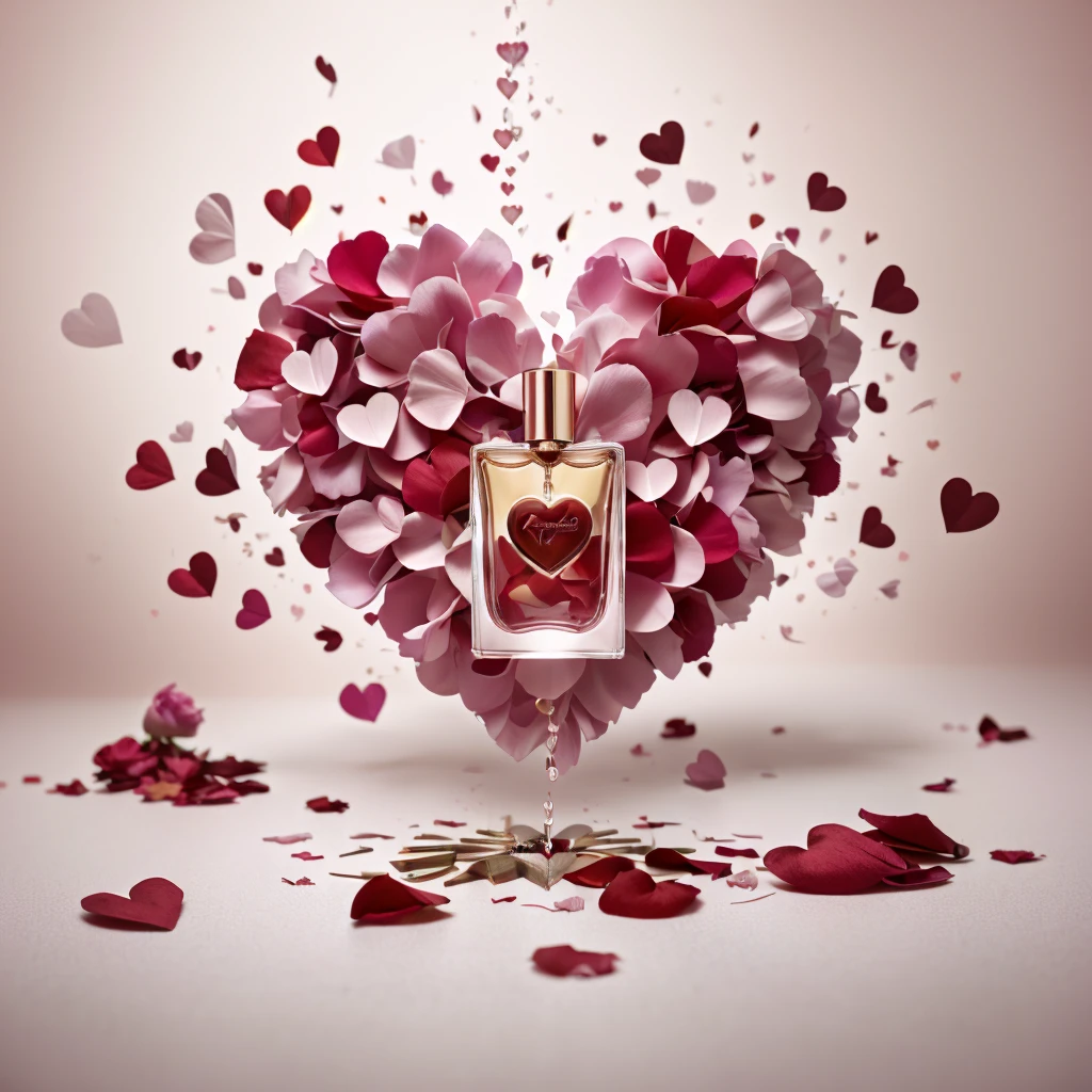 hanging perfume container spilling cascading red hearts transitioning with colorful rose petals to the floor, araffe heart shaped bottle of perfume with petals and hearts flying around, by Aleksander Kotsis, by Zofia Stryjenska, by Jakob Gauermann, by Arabella Rankin, by Emma Andijewska, by Anna Findlay, by Alfredo Volpi, by Mathias Kollros, by Gabriel Ba, by Anato Finnstark