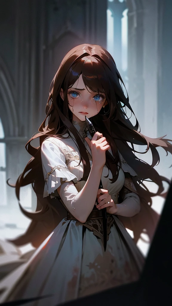 a beautiful detailed young adult girl with long brown hair with bangs, wearing a bloody wedding dress, holding a knife, crying blue eyes, dramatic lighting, dark gothic fantasy style, highly detailed, photorealistic, cinematic, dramatic colors, dramatic shadows, moody atmosphere, realistic textures