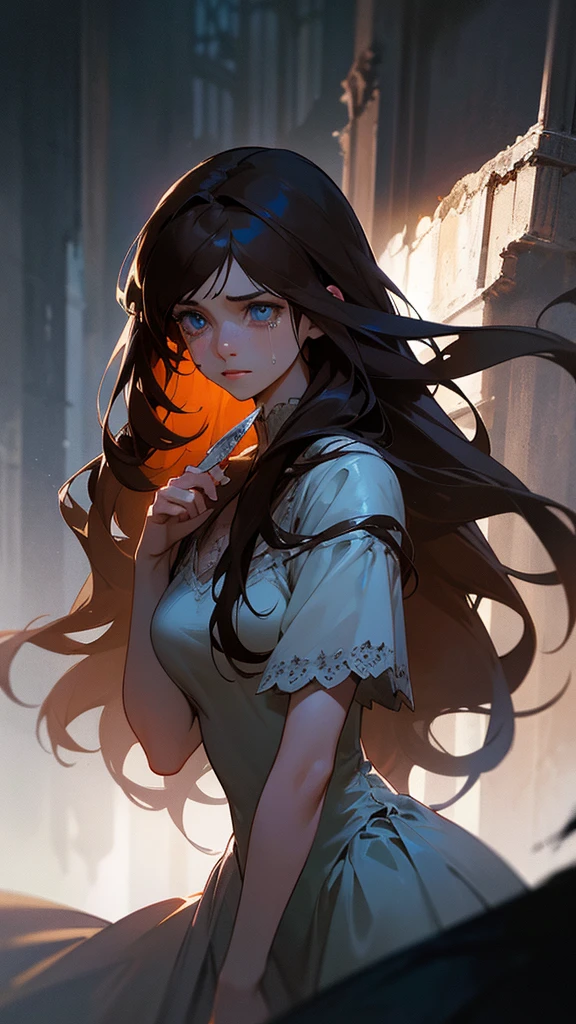 a beautiful detailed young adult girl with long brown hair with bangs, wearing a bloody wedding dress, holding a knife, crying blue eyes, dramatic lighting, dark gothic fantasy style, highly detailed, photorealistic, cinematic, dramatic colors, dramatic shadows, moody atmosphere, realistic textures