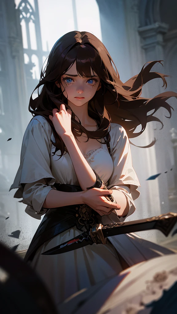 a beautiful detailed young adult girl with long brown hair with bangs, wearing a bloody wedding dress, holding a knife, crying blue eyes, dramatic lighting, dark gothic fantasy style, highly detailed, photorealistic, cinematic, dramatic colors, dramatic shadows, moody atmosphere, realistic textures