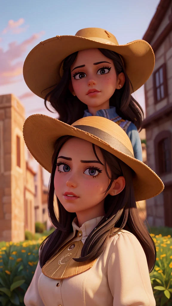 a beautiful detailed portrait of ana castela, 1girl, beautiful detailed eyes, beautiful detailed lips, extremely detailed face, long eyelashes, black hair, thin face, cowgirl outfit, cowboy hat, outdoor scene, golden hour lighting, warm color palette, cinematic composition, high quality, 8k, photorealistic, intricate details, masterpiece