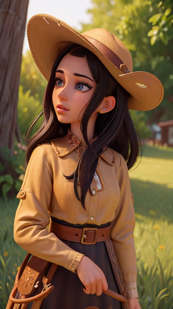 a beautiful detailed portrait of ana castela, 1girl, beautiful detailed eyes, beautiful detailed lips, extremely detailed face, long eyelashes, black hair, thin face, cowgirl outfit, cowboy hat, outdoor scene, golden hour lighting, warm color palette, cinematic composition, high quality, 8k, photorealistic, intricate details, masterpiece