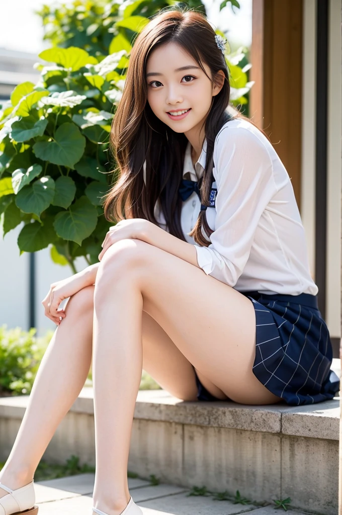 Pure Japanese school girl, outstanding body, beautiful legs, wearing uniform, panty, natural hairstyles, sweet smile, sitting, refreshing in early summer, composition from the front,