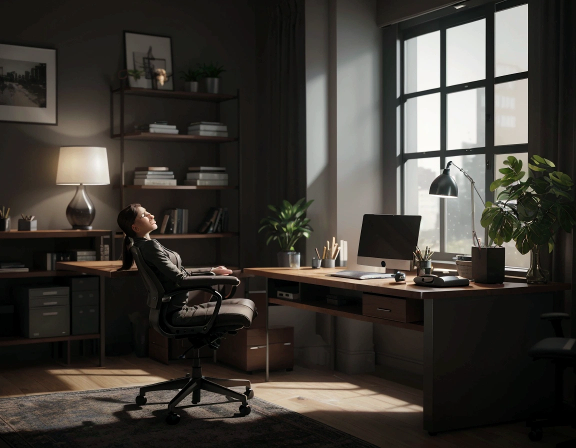 there is a desk with a laptop and a chair in a room, home office interior, home office, photorealistic cinematic render, render in unreal engine 5, unreal 5 engine render, functional and elegant look, unreal 5 engine rendered, unreal engine realistic render, unreal engine 5 quality render, unreal engine 5 highly rendered, office furniture, backrooms office space. create and insert a cyborg human sitting in the chair in the image, the setting of this image must remain the same