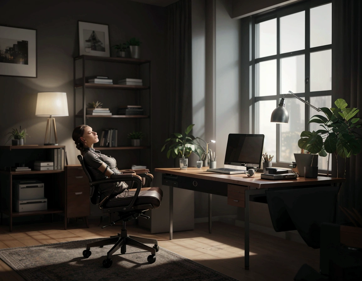 there is a desk with a laptop and a chair in a room, home office interior, home office, photorealistic cinematic render, render in unreal engine 5, unreal 5 engine render, functional and elegant look, unreal 5 engine rendered, unreal engine realistic render, unreal engine 5 quality render, unreal engine 5 highly rendered, office furniture, backrooms office space. create and insert a cyborg human sitting in the chair in the image, the setting of this image must remain the same