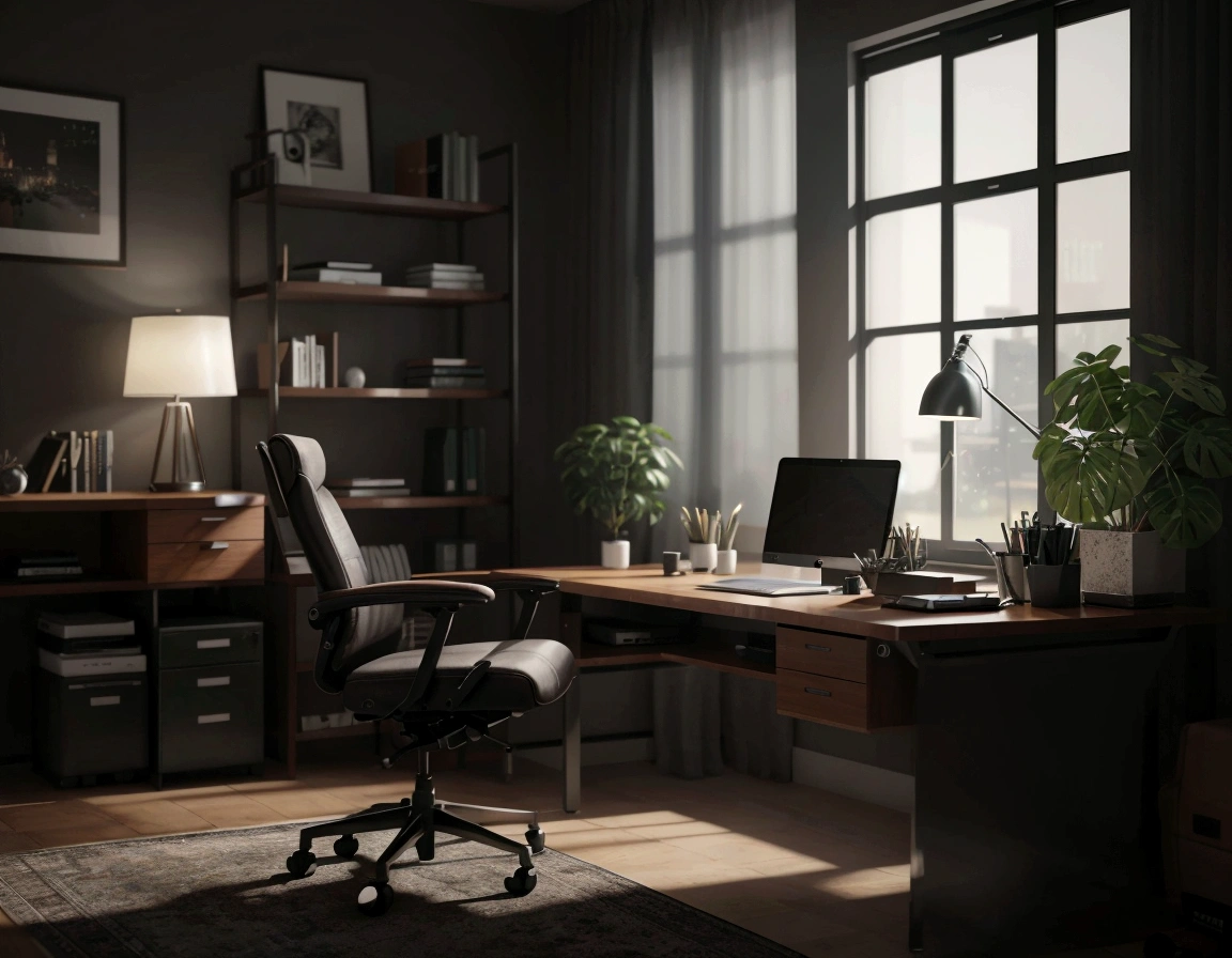 there is a desk with a laptop and a chair in a room, home office interior, home office, photorealistic cinematic render, render in unreal engine 5, unreal 5 engine render, functional and elegant look, unreal 5 engine rendered, unreal engine realistic render, unreal engine 5 quality render, unreal engine 5 highly rendered, office furniture, backrooms office space. create and insert a cyborg human sitting in the chair in the image, the setting of this image must remain the same