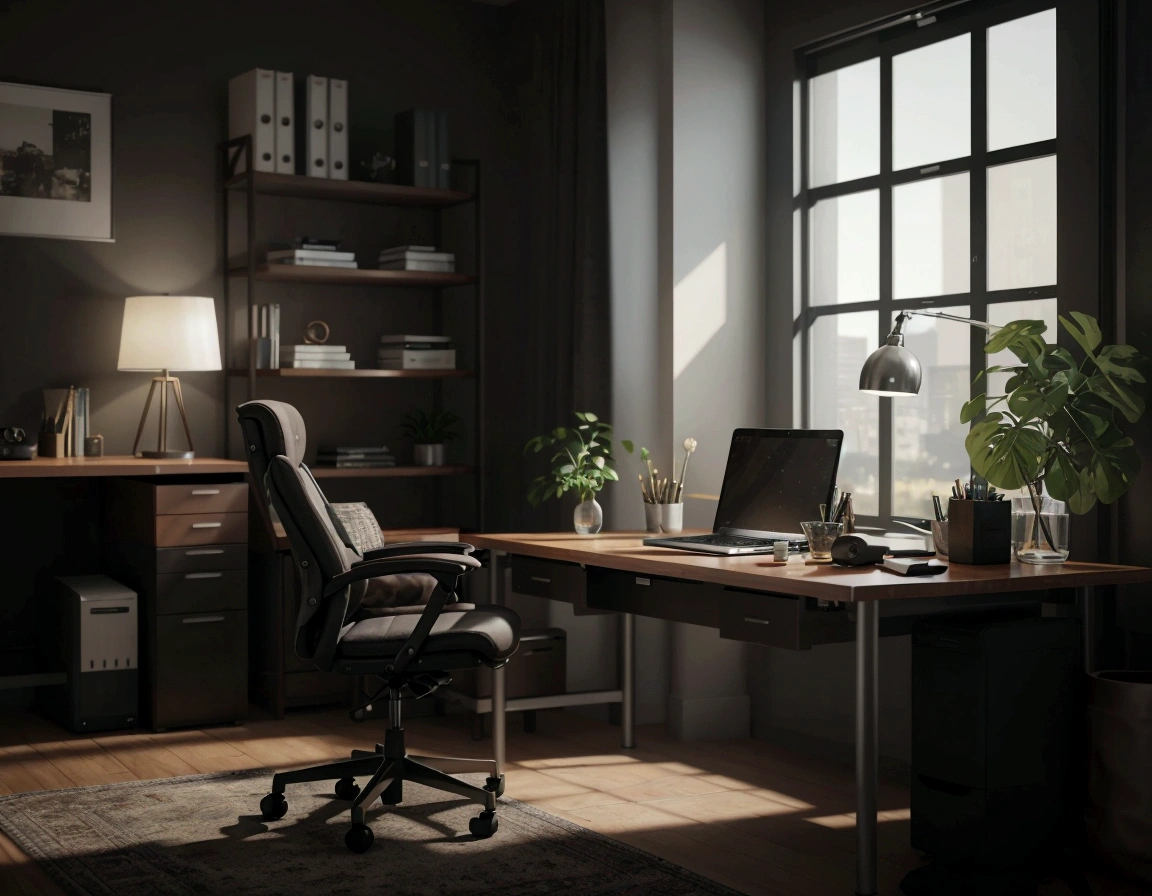 there is a desk with a laptop and a chair in a room, home office interior, home office, photorealistic cinematic render, render in unreal engine 5, unreal 5 engine render, functional and elegant look, unreal 5 engine rendered, unreal engine realistic render, unreal engine 5 quality render, unreal engine 5 highly rendered, office furniture, backrooms office space. create and insert a cyborg human sitting in the chair in the image, the setting of this image must remain the same