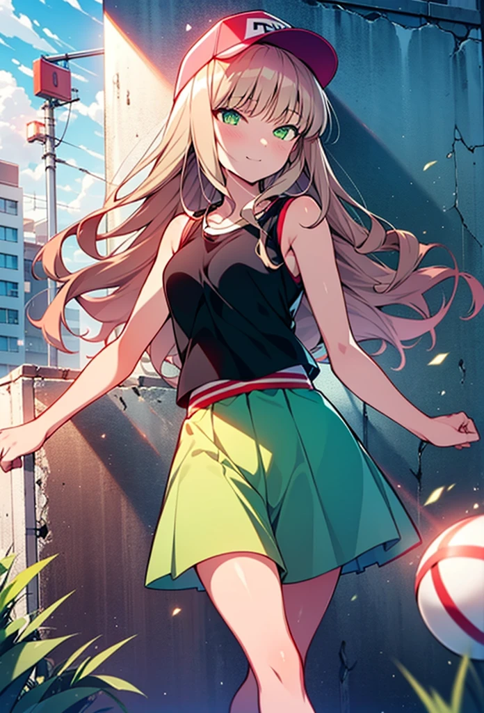 minami yume ,sss Dynazenon ,Long Hair, Brown Hair, (Green Eyes:1.5) ,blush,smile,hair band,Sleeveless shirt,Baseball cap,Long skirt,sneakers,Daytime,Clear skies,Walking,whole bodyがイラストに入るように, break looking at viewer, whole body, break outdoors ,Building district, break (masterpiece:1.2), Highest quality, High resolution, unity 8k wallpaper, (shape:0.8), (Beautiful and beautiful eyes:1.6), Highly detailed face, Perfect lighting, Extremely detailed CG, (Perfect hands, Perfect Anatomy),