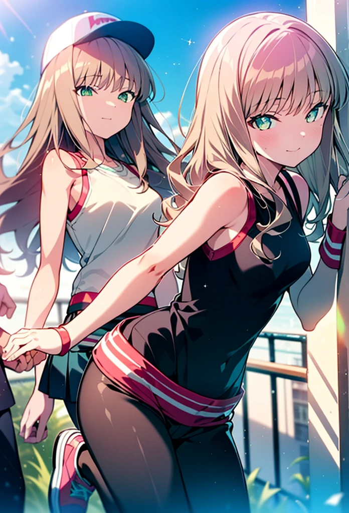 minami yume ,sss Dynazenon ,Long Hair, Brown Hair, (Green Eyes:1.5) ,blush,smile,hair band,Sleeveless shirt,Baseball cap,Long skirt,sneakers,Daytime,Clear skies,Walking,whole bodyがイラストに入るように, break looking at viewer, whole body, break outdoors ,Building district, break (masterpiece:1.2), Highest quality, High resolution, unity 8k wallpaper, (shape:0.8), (Beautiful and beautiful eyes:1.6), Highly detailed face, Perfect lighting, Extremely detailed CG, (Perfect hands, Perfect Anatomy),