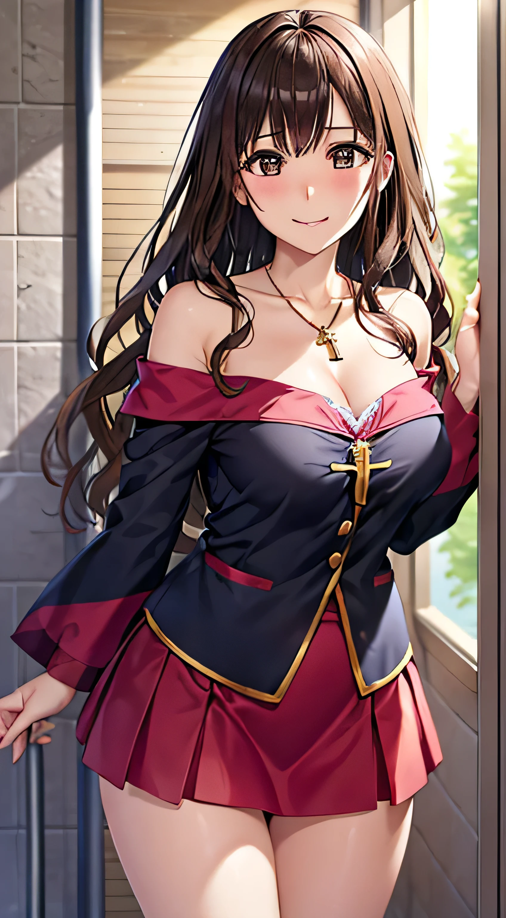 ((Tabletop, Highest quality, High resolution, , Pixel Perfect, 4K,))), 1 female, 、The whole body is visible、 ((Long Wavy Hair, bangs, Brown Hair)), ((Brown eyes, Beautiful eyelashes, Realistic eyes)), ((Detailed face, Blushing:1.2)), ((Smooth texture:0.75, Realistic texture:0.65, Realistic:1.1, Anime CG Style)), Medium sized breasts, Dynamic Angle, Perfect body, (( , , Beautiful Priest、、 Priest off-shoulder jacket、Priest Flare Skirt、、)), Gold Hair Ornament、Cross Necklace、、Very embarrassing panic smile, 、Gorgeous church basilica、Sitting on the floor、Get on one knee、Lying in bed、、Hold a big Bible、、Nipples are slightly visible、、Lace panties are visible、、、、、 、Angle from below)、