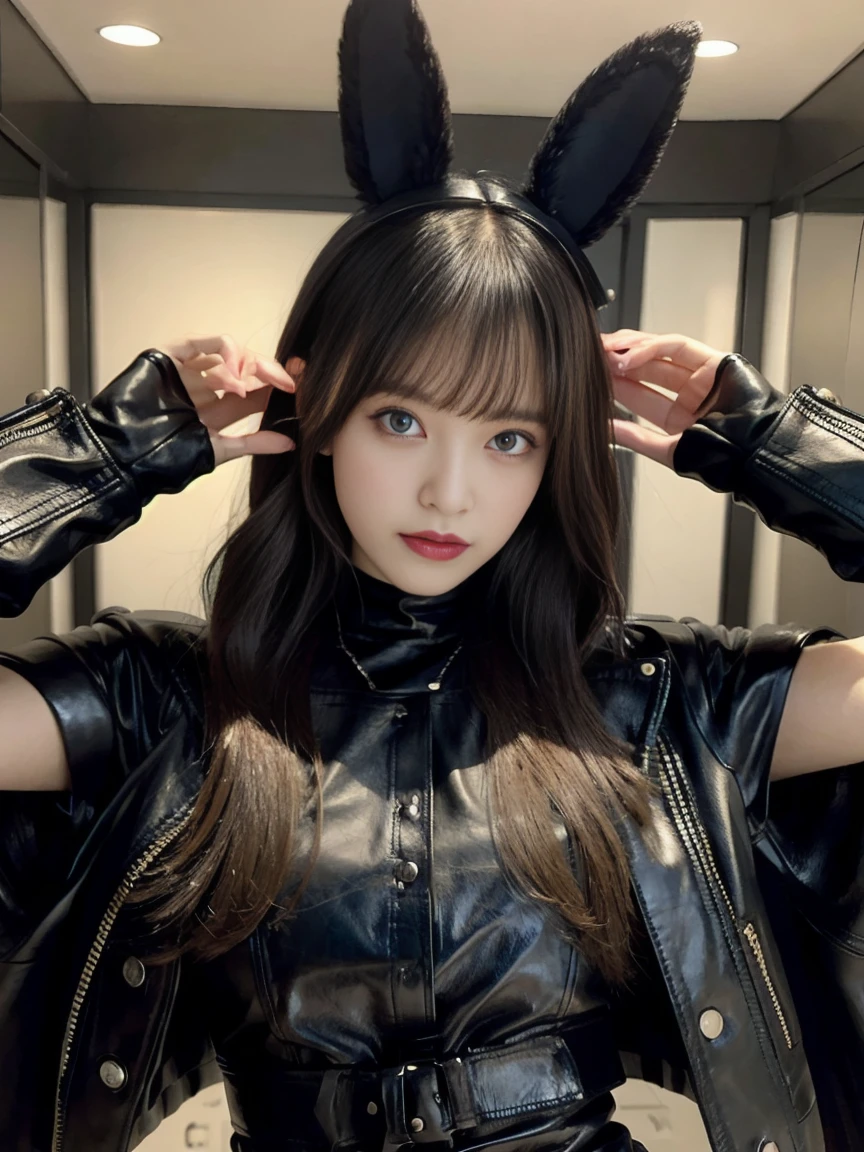 Create a portrait of a beautiful woman wearing black bunny ears and a black leather outfit. She is bowing to camera