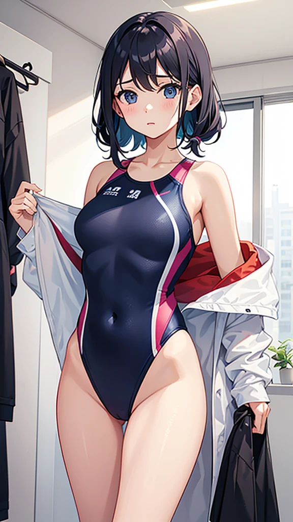 In the changing room、A girl changing into a competitive swimsuit On the way to change clothes She's trying to pull up her swimsuit Upper body naked