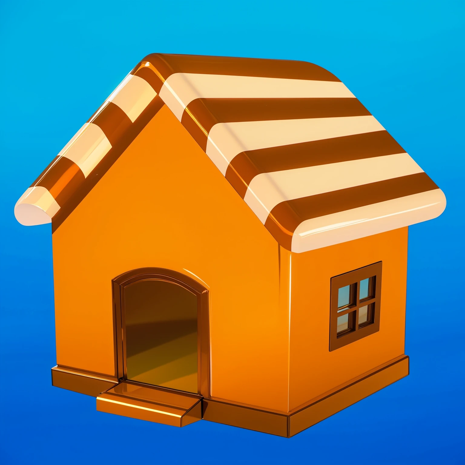 This image features a glossy yellow house with sharp, reflective surfaces that give it a polished and shiny appearance. The house has a modern design with simple, square shapes and distinct angles, adding to its sleek look. The vibrant blue roof contrasts beautifully with the yellow walls, creating an attractive and colorful combination. The windows and door are framed, enhancing the overall aesthetic of the house. The glossy surfaces reflect light, giving the house a dynamic and vibrant look. The house appears minimalist and toy-like, with its straightforward, square design and bright colors making it unique and appealing. мультяшный рендеринг ключевого кадра, милый 3D рендеринг,,Create ultra sharp  цветной рендеринг zbrush. perfect cgi, cgi art created only with gradients, smooth silhouette, Create ultra sharp skin, high intensity refraction, (plastic material), most beautiful vfx, blue background, plastic refractions, glossy texture, smooth 3d model, multiple light sources, rim light, sharp post effects render, (glossy plastic texture with multiple big light probe refractions), perfect cgi, cgi art created only with gradients, smooth silhouette, high intensity refraction, (plastic material), most beautiful vfx, blue background