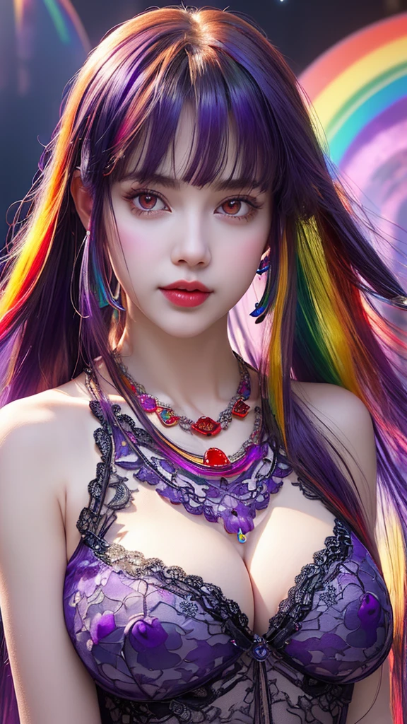 A beautiful and sexy 20 year old girl, wearing a super transparent red dress, ((long hair with bangs dyed in 7 rainbow colors:1.6)), the most detailed jewelry and beautiful hair, ((wears purple lace necklace:1.6) )), Super cute small face, very pretty face, thin eyebrows, flawless beautiful face, ((black eye pupil: 0.8)), very beautiful eyes, ((red eyes pale:1.5)), beautiful makeup and detailed eyelashes, steamy eye makeup, high nose, earrings, red lips, ((closed mouth:1;5 )) beautiful lips, slim hands, most beautiful thighs, ((arms spread out to the sides: 1.5)), rosy face, clean face, flawless beautiful face, smooth white skin, (small breasts: 1.5)), ((high breasts: 1.6)), beautiful cleavage, ((big and super round breasts: 1.8))), ((super tight breasts: 1.5)), beautiful breasts, back arms,nipple showing, beautiful girl's upper body, 8k photo, quality super high, hyper realistic, 10x super pixel, photorealistic, dark studio, light edges, two-tone bright, (high detail skin:1.2), super 8k, soft light, high quality, lighting volumetric, realistic, Photo, high resolution, light, best photo, 4k, 8k quality, blur effect, Smooth and sharp, 10 x pixels, (galaxy: 1.7), aurora, lightning, surreal graphics, most realistic graphics, alone, solo, Extremely sharp, surreal images, (((frontal portrait:1.3)))."