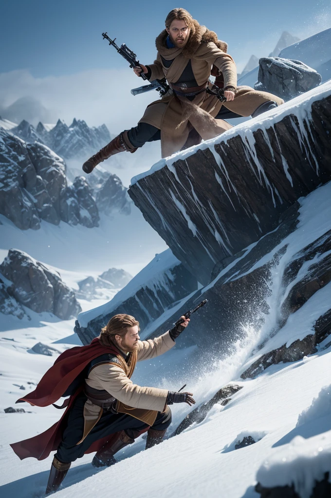 Anakin and Obi Wan fighting in hostile and icy terrain