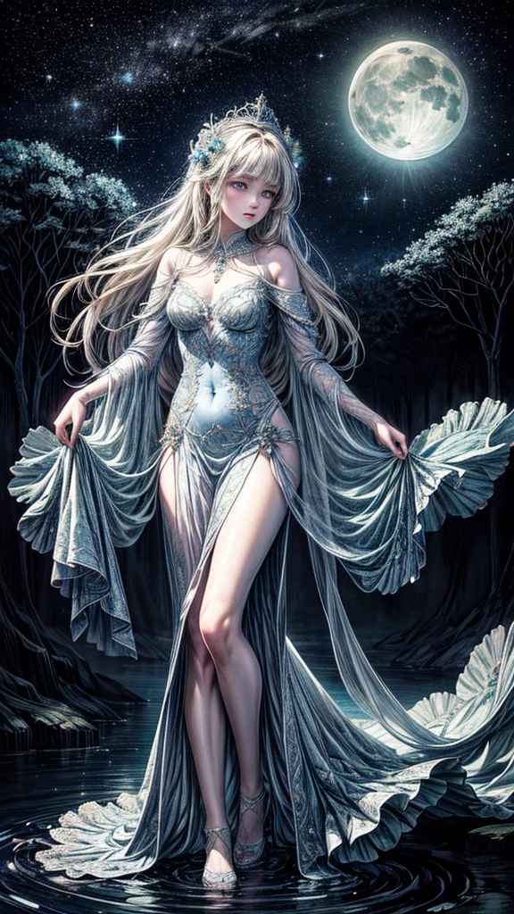 cara detallada, well-defined beautiful girl close-up, full body, slight smile, filigree, ultra highly detailed, mannerism, surrealism digital painting, by Marc Todd, Nicoletta Ceccoli, Ray Caesar, WLOP, close up half water transparent luminous nymph half blue rose, swirling blue rose vines, trees big blue closed rose flowers, moon, moonlight, detailed night sky with stars and clouds, lavish green leaves, garden, blossoming, stars, sparks, Van Gogh starry sky, celestial glowing, glowing aura, mystical, water drops, highly detailed, intricated, intricated pose, complex background, oil painting, thick strokes, mannerism, vibrant colors, masterpiece, high quality, 32k, best quality, vestido transparente sexi, senos pequeños, panti transparente, ojos dorados, pose sensual, pesones rosados, mostrando vagina, dama semi desnuda, full
body
