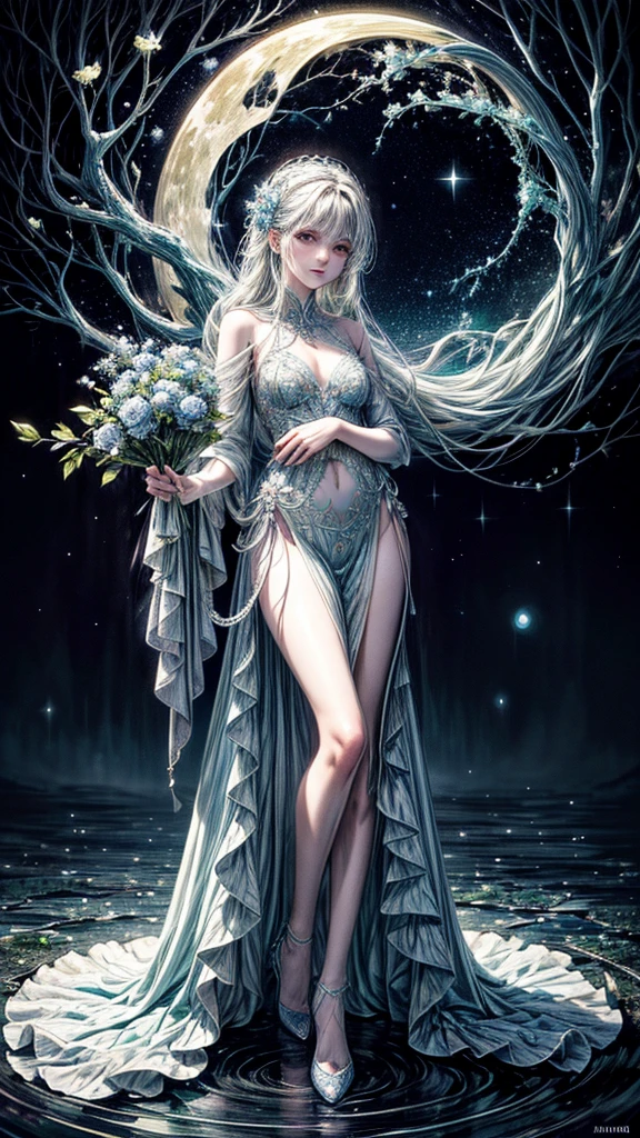 cara detallada, well-defined beautiful girl close-up, full body, slight smile, filigree, ultra highly detailed, mannerism, surrealism digital painting, by Marc Todd, Nicoletta Ceccoli, Ray Caesar, WLOP, close up half water transparent luminous nymph half blue rose, swirling blue rose vines, trees big blue closed rose flowers, moon, moonlight, detailed night sky with stars and clouds, lavish green leaves, garden, blossoming, stars, sparks, Van Gogh starry sky, celestial glowing, glowing aura, mystical, water drops, highly detailed, intricated, intricated pose, complex background, oil painting, thick strokes, mannerism, vibrant colors, masterpiece, high quality, 32k, best quality, vestido transparente sexi, senos pequeños, panti transparente, ojos dorados, pose sensual, pesones rosados, mostrando vagina, dama semi desnuda, full
body