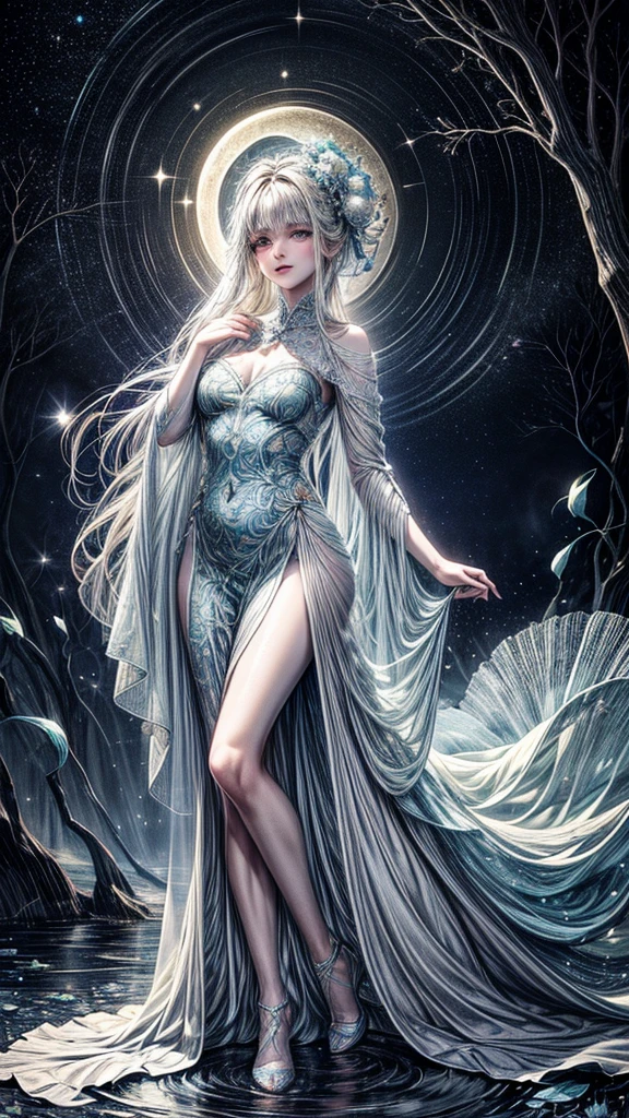 cara detallada, well-defined beautiful girl close-up, full body, slight smile, filigree, ultra highly detailed, mannerism, surrealism digital painting, by Marc Todd, Nicoletta Ceccoli, Ray Caesar, WLOP, close up half water transparent luminous nymph half blue rose, swirling blue rose vines, trees big blue closed rose flowers, moon, moonlight, detailed night sky with stars and clouds, lavish green leaves, garden, blossoming, stars, sparks, Van Gogh starry sky, celestial glowing, glowing aura, mystical, water drops, highly detailed, intricated, intricated pose, complex background, oil painting, thick strokes, mannerism, vibrant colors, masterpiece, high quality, 32k, best quality, vestido transparente sexi, senos pequeños, panti transparente, ojos dorados, pose sensual, pesones rosados, mostrando vagina, dama semi desnuda, full
body