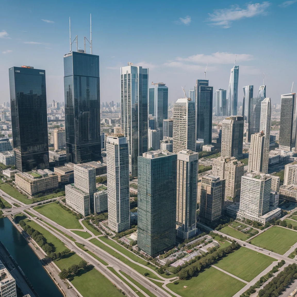 Create an image of an empty grassy plot of land in the center of a modern city. The plot is surrounded by luxurious buildings. To the right of the plot, there are luxury skyscrapers. To the left of the plot, there are more luxury skyscrapers. Behind the plot, there are additional luxury skyscrapers. The perspective is from the sidewalk or street directly in front of the plot, looking straight towards the empty grassy land.