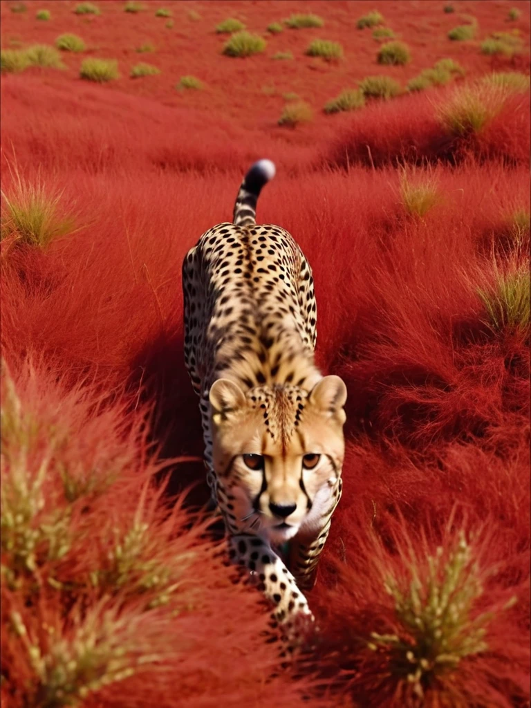 HD，32k，Composition:1.5.On the vast red grassland，1 cheetah，Top view