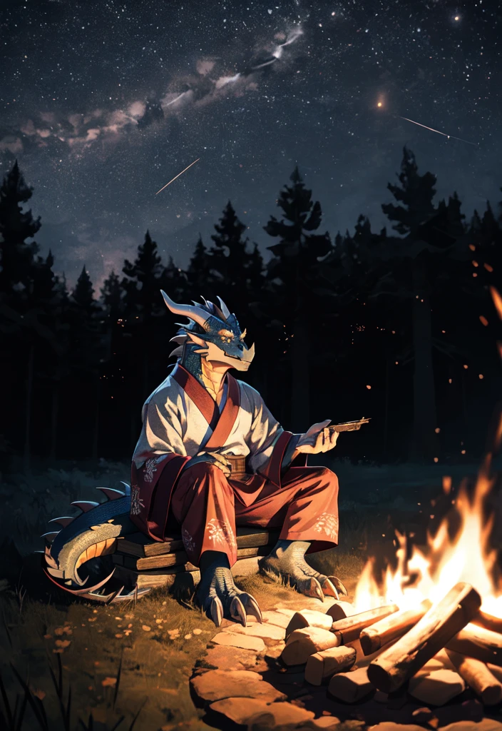 alone, Kimono, (dragon), anthropology, man, ((black body)), scales, tail, muscle, handsome, armor, Middle Ages, Fantasy, outdoor, outside, dark, nighttime, forest, campfire, camp, star, sit, claw toe, epic, depth of field, perfect light, (light particles),(best quality),(Masterpiece),(ultra detailed),Sharp focus,light particles