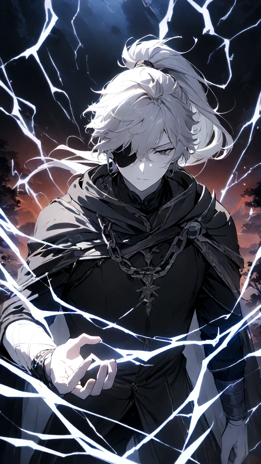 Anime character. A man, he was medieval. 27 years old, large body, cold gaze, cold expression, white skin, short and messy gray hair, ponytail, left eye patch, black clothes, black shirt, dark cape with hood, several chains. frontal camera. Walking under the red moonlight. White electricity emanating from his body, black electricity emanating from his left hand. Iris of the right eye glowing white. Thunderous white lightning. (best quality, 4k, 8k, high resolution, masterpiece: 1.2)