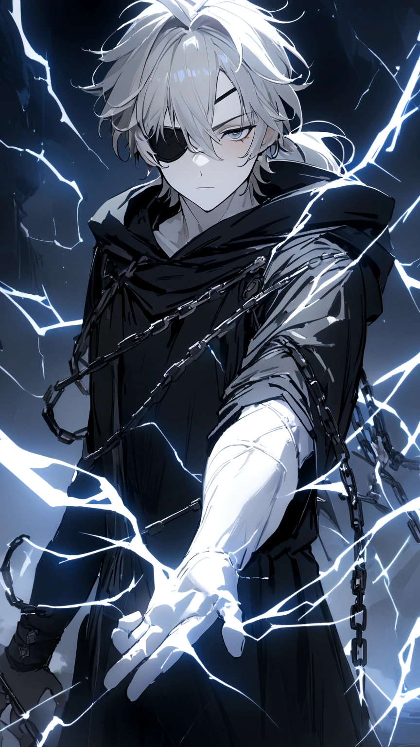 Anime character. A man, he was medieval. 27 years old, large body, cold gaze, cold expression, white skin, short and messy gray hair, ponytail, left eye patch, black clothes, black shirt, dark cape with hood, several chains. frontal camera. Walking under the red moonlight. White electricity emanating from his body, black electricity emanating from his left hand. Iris of the right eye glowing white. Thunderous white lightning. (best quality, 4k, 8k, high resolution, masterpiece: 1.2)