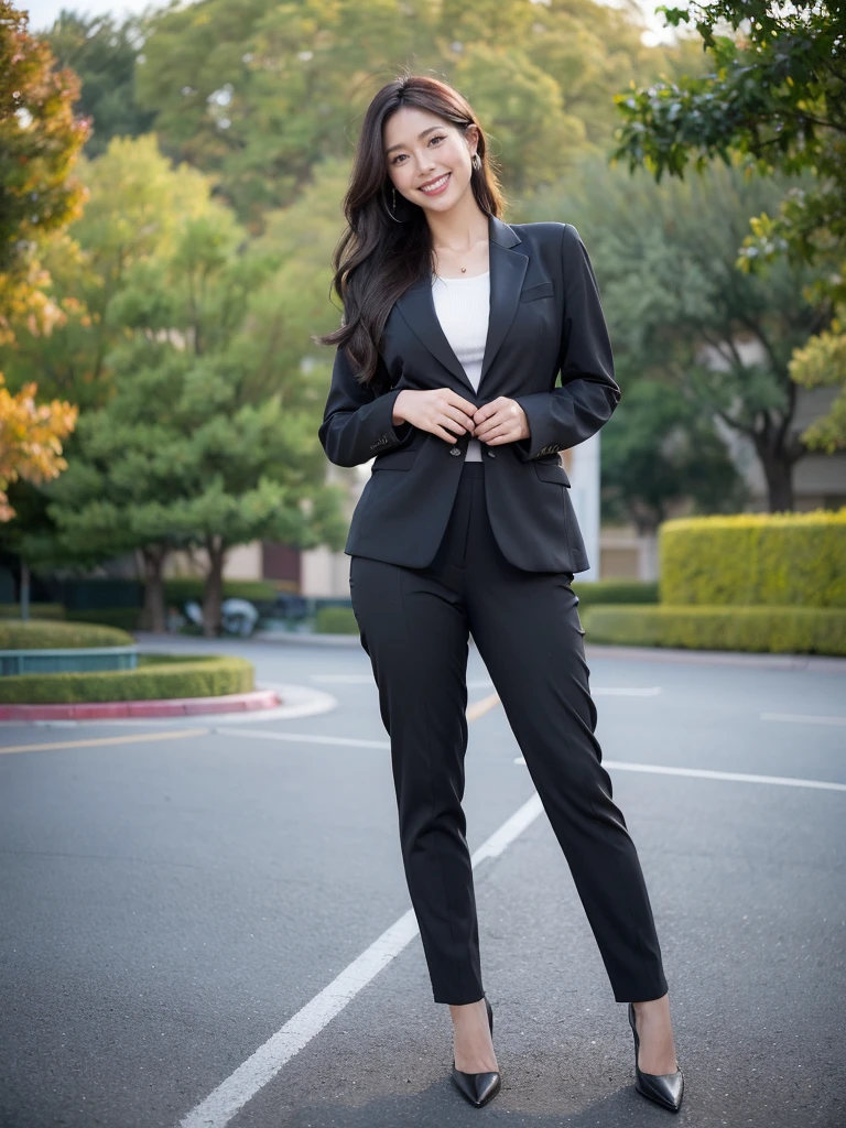 最high quality, 8K, Masseter area, Energetic, Clear focus, high quality, high resolution, Delicate face, Fine particles, thick lips, (Looking at the audience), Solitary, Beautiful woman, 38 years old, Plum, Black long hair, (Business suit:1.5), (Black hip skirt:1.5),afternoon、In front of the park garden,(Standing in the park:1.5)、((Smile:1.5))、((Wearing black high heels)),Tall