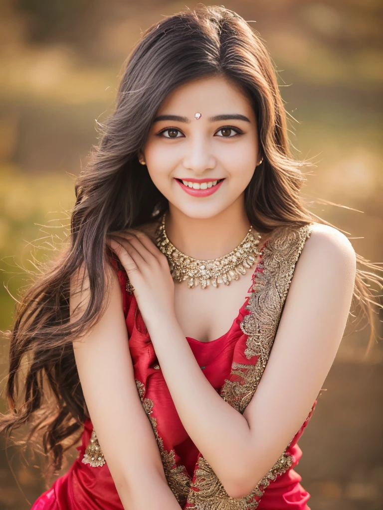 ultra high detailed, an indian girl, cute smile realistic face, happy, long hair, impressive hairstyle, detailed eyes, detailed lips, indian clothes,pre draped red top dress lace, wearing jewellery, nature and background, photo studio bokeh, clear weather, whole body capture,noch slim image long