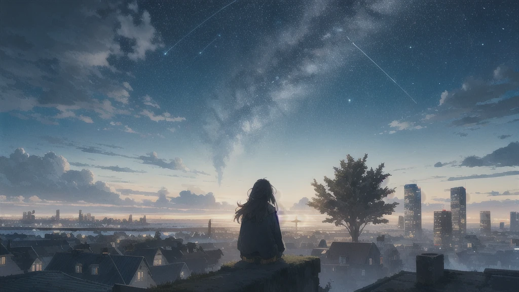 octans, sky, star (sky), scenery, starry sky, night, 1girl, night sky, solo, outdoors, parakeet,building, cloud, milky way, sitting, tree, long hair, city, silhouette, cityscape