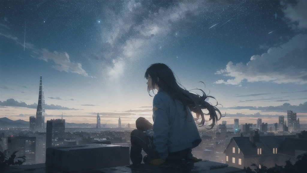 octans, sky, star (sky), scenery, starry sky, night, 1girl, night sky, solo, outdoors, parakeet,building, cloud, milky way, sitting, tree, long hair, city, silhouette, cityscape