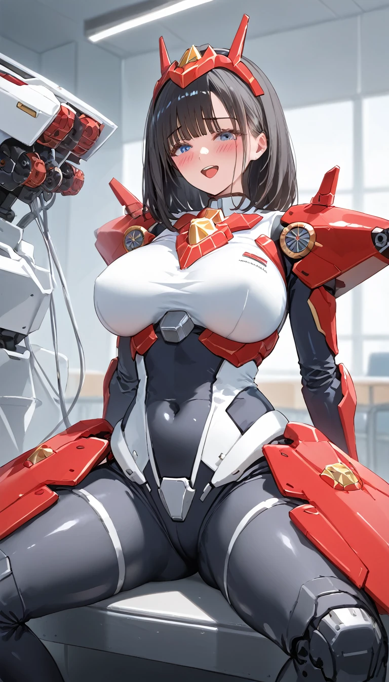 An absurd solution, High resolution, (masterpiece: 1.4), Super detailed, A young woman with dark hair dressed as an engineer, Blushing and excited expression, Sitting in a very small, enclosed mecha control room