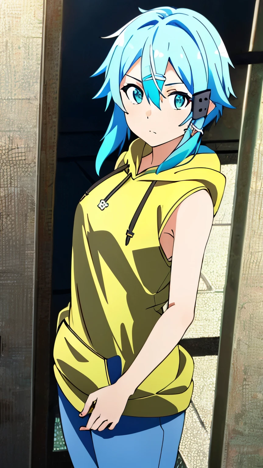 (Top Quality, Masterpiece, 8k:1.2), Ultra Detailed, High Resolution, Anime, 1 Girl, Solo, EPsoaSinon, Short Hair, Light Blue Hair, Detailed Jewel Eyes, Hair Between Eyes, (Hair Accessory:1.2), Hair Clip, Side Locks, (hoodie, sleeveless, pants, city), dynamic Angle, Cowboy Shot,looking at viewer,