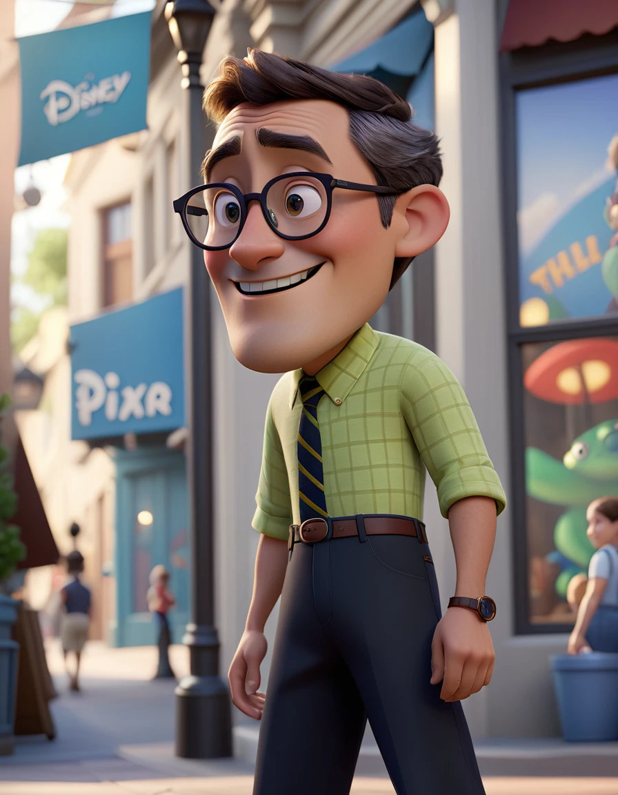 a man, slim face, glasses, slim body, disney, pixar, (Pixar style), Disney style, (masterpiece:1.2), (best quality) (detailed skin) (detailed texture) (8k) (cinematic lighting) (sharp focus)