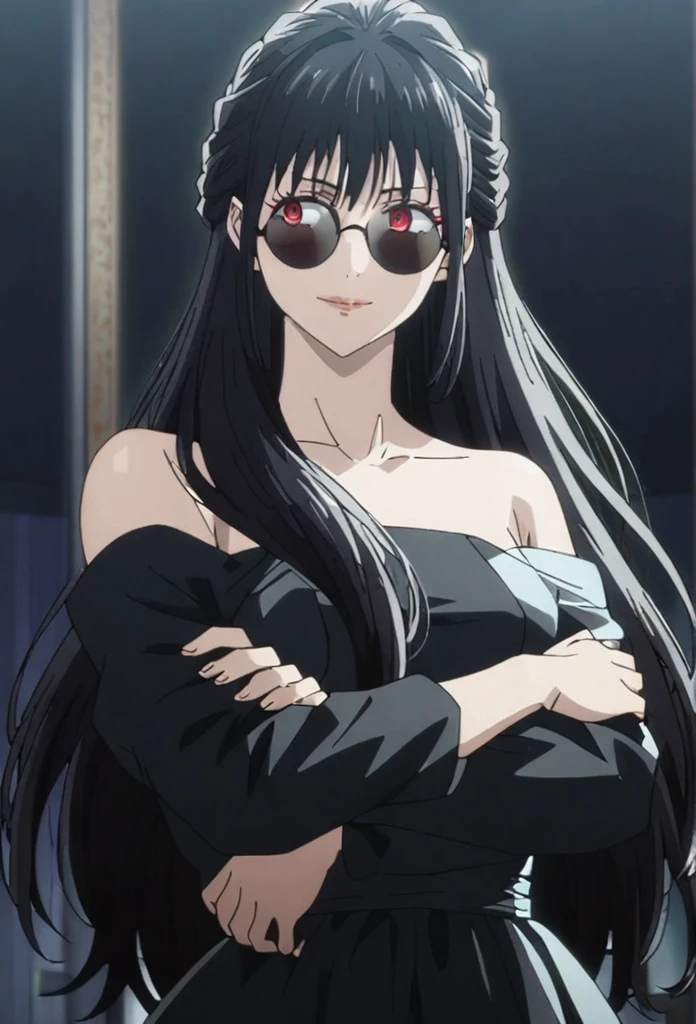 1girl, female gojo satoru, anime screencap from jujutsu kaisen, gojo satoru female version, solo, long_hair, red eyes ((black_hair)), night view, breasts, upper_body, smile, indoors, book, bangs, blue_eyes, lips, (wearing round sunglasses on head) , ((Hair Slicked back)) wearing black color party dress, bare shoulder, breast, "very detailed and high resolution" (red eyes) ((cross arms))  ((long hair)) ((solo))