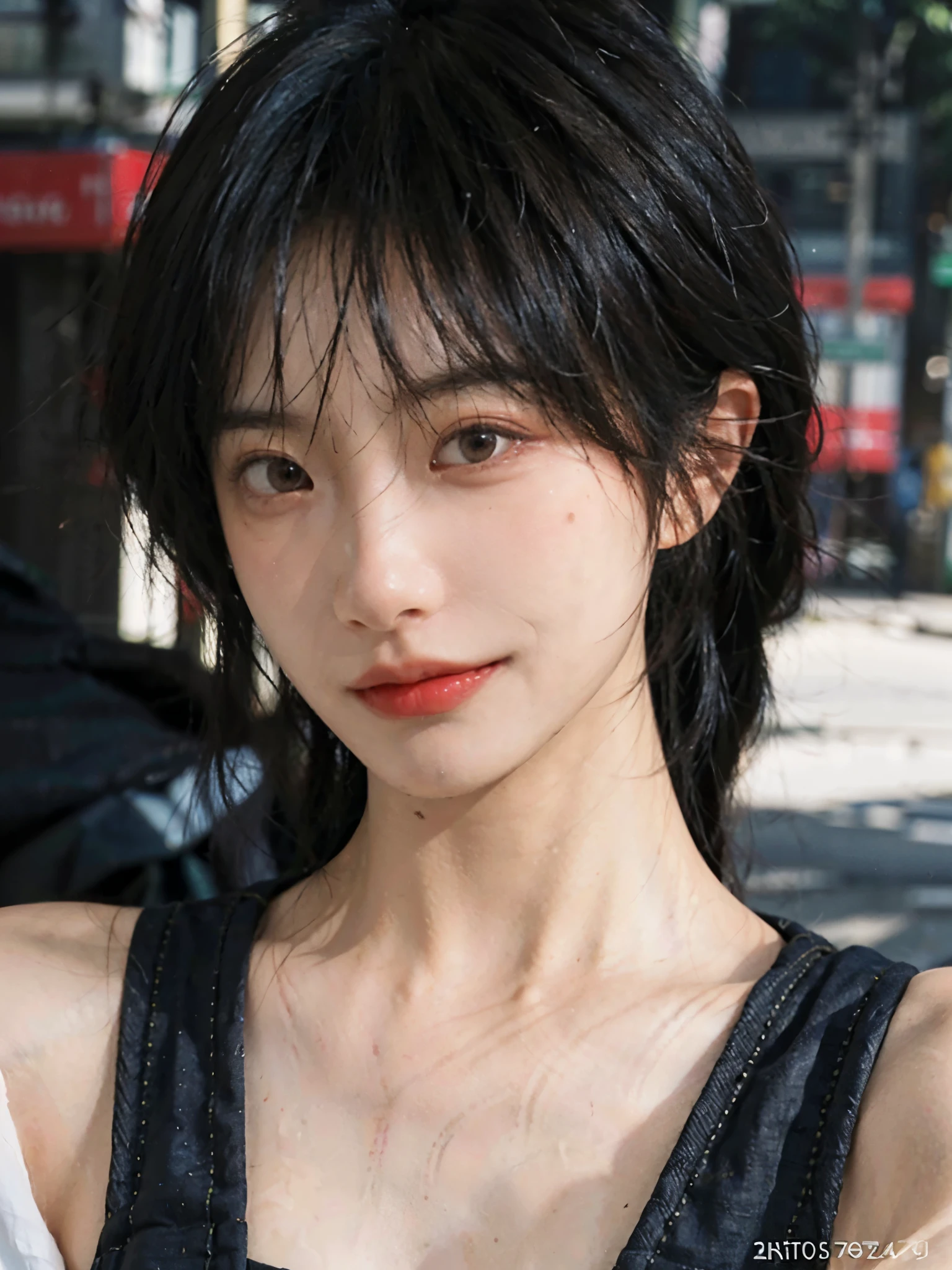(Skin details:1.4), (smooth skin textures:1.3), (Upper body:1.4),(Upper Body:1.3)Lipstick, background, earrings, serene, calm, Suspenders,(Realistic and detailed eyes:1.2), Natural skin texture, Realistic facial details, Soft dramatic lighting, Vivid details, 35 mm film, outdoor, (Photo Practical:1.4), (hyper Practical:1.4), (Practical:1.3), (Smoother lighting:1.05), (Improve lighting quality:0.9), (Highest quality real skin textures:1.4), Exquisite eyes, Delicate face, Close-up of face, (Enhance the beauty of skin texture:1.1), Hair details,(Large Breasts:1.3)normal body ratio, short hair, Moles under the eyes, A faint smile,Portrait Photography, Depth of Field, Bokeh, Surrealism, Ray Tracing, (Portrait Photography:1.1), Surrealism, High Detail, Chiaroscuro, Ray Tracing, reflected light, Ultra HD, Ultra HD, masterpiece, Textured Skin, Super Detail, High Detail, high quality, best quality