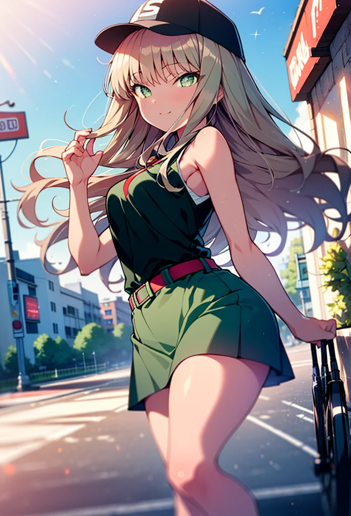 minami yume ,sss Dynazenon ,Long Hair, Brown Hair, (Green Eyes:1.5) ,blush,smile,hair band,Sleeveless shirt,Baseball cap,Long skirt,sneakers,Daytime,Clear skies,Walking,whole bodyがイラストに入るように,　　　　　　break　looking at viewer, whole body, 　　　　　　　break outdoors ,Building district,　　　　　　　　　　　　break (masterpiece:1.2), Highest quality, High resolution, unity 8k wallpaper, (shape:0.8), (Beautiful and beautiful eyes:1.6), Highly detailed face, Perfect lighting, Extremely detailed CG, (Perfect hands, Perfect Anatomy),