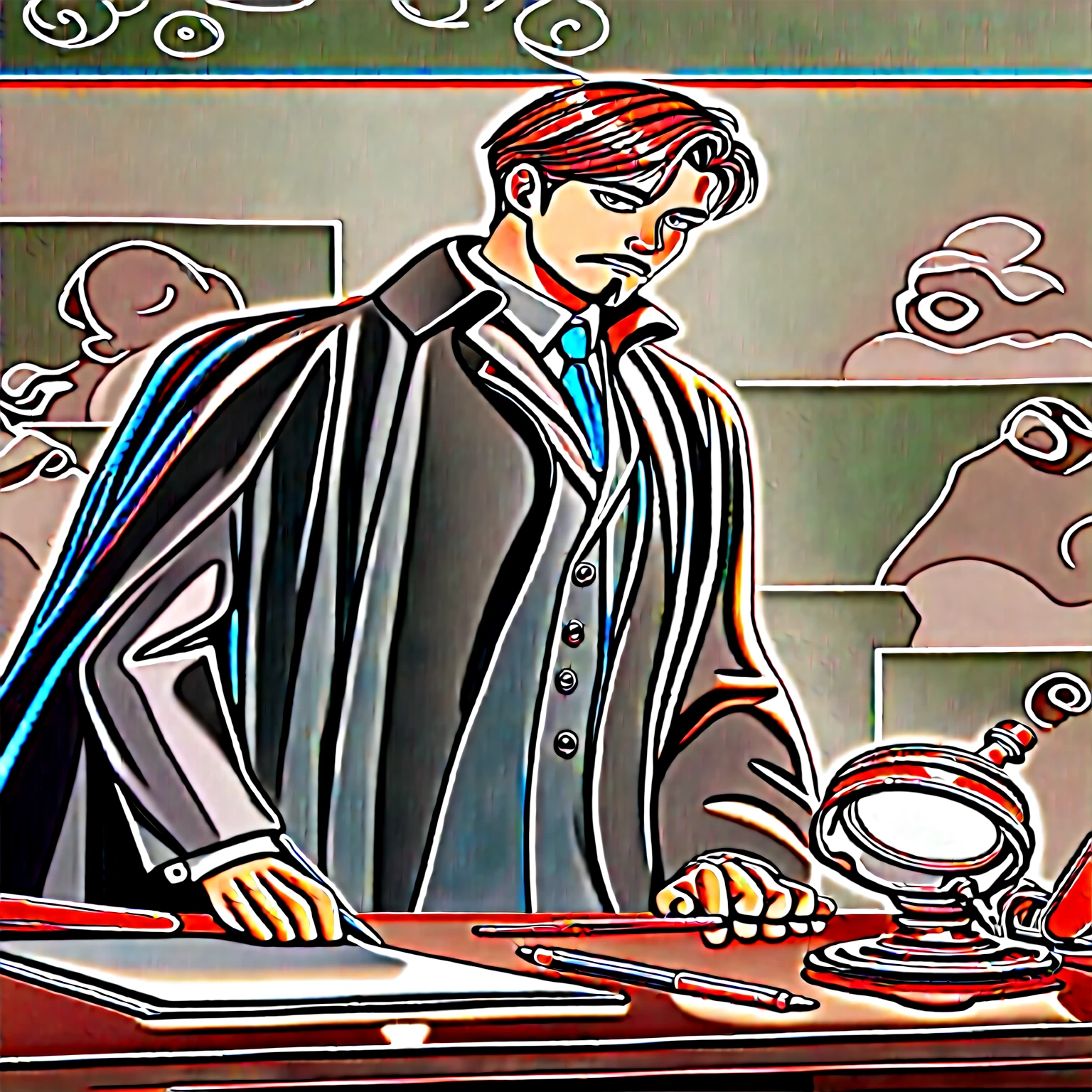 ultra detailed image. アニメ, handsome and seductive handsome adult with goatee on chin muscular man beautiful medium hair with bangs. Wearing a loose, flowing brown coat. ultra-shiny and polished bronze bracelets. cloaks covering the brown body with pen in pocket, Brown hair. Light beige suit under coat. Covered chest. handsome human male detective. Dark gray living room background with polished and polished walls with ultra-polished and polished silver table. Research Board in the background. He holding a silver magnifying glass. He is pantsless with tight light gray underwear.