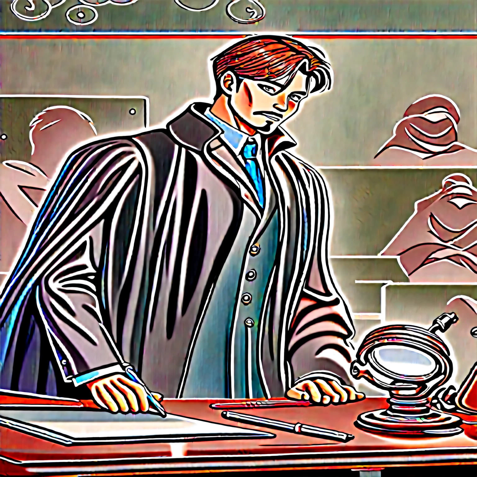 ultra detailed image. アニメ, handsome and seductive handsome adult with goatee on chin muscular man beautiful medium hair with bangs. Wearing a loose, flowing brown coat. ultra-shiny and polished bronze bracelets. cloaks covering the brown body with pen in pocket, Brown hair. Light beige suit under coat. Covered chest. handsome human male detective. Dark gray living room background with polished and polished walls with ultra-polished and polished silver table. Research Board in the background. He holding a silver magnifying glass. He is pantsless with tight light gray underwear.