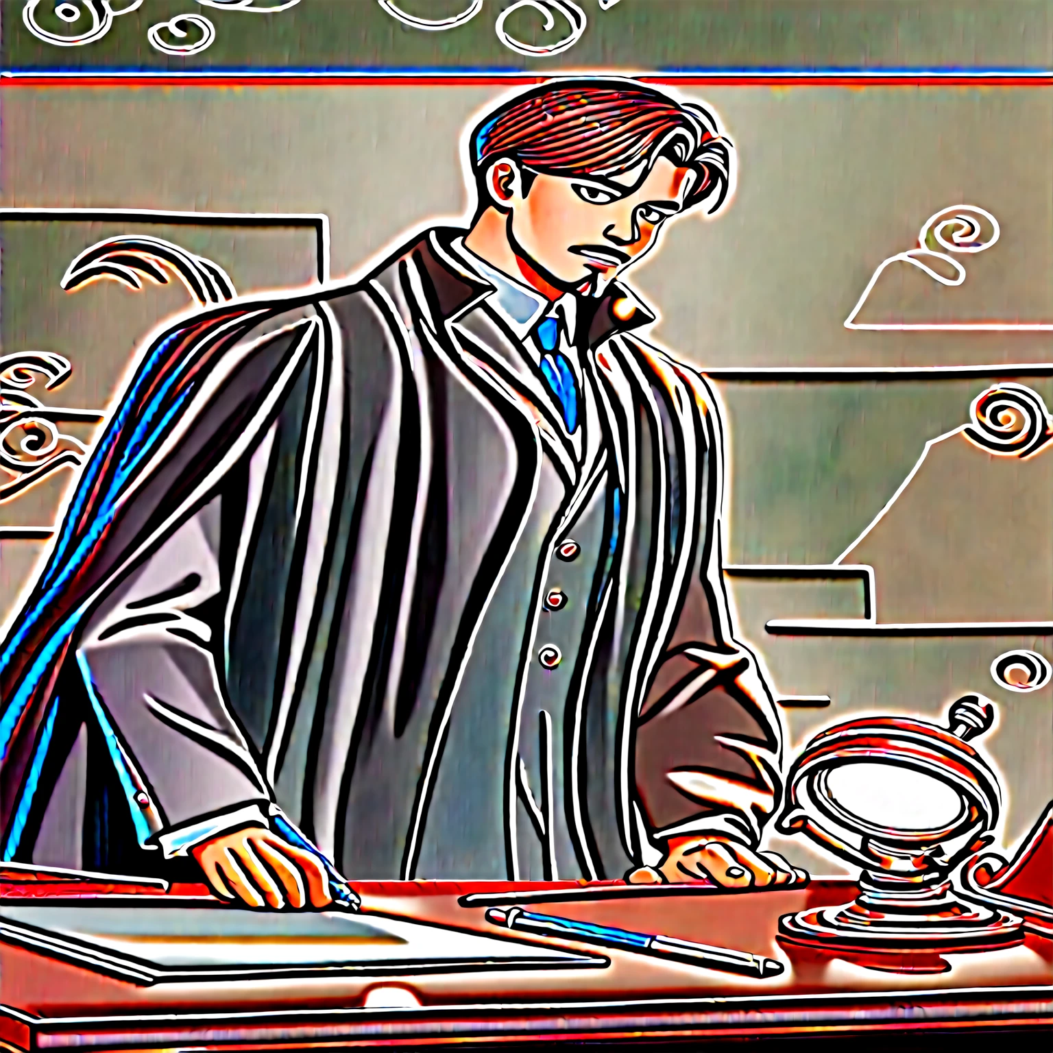 ultra detailed image. アニメ, handsome and seductive handsome adult with goatee on chin muscular man beautiful medium hair with bangs. Wearing a loose, flowing brown coat. ultra-shiny and polished bronze bracelets. cloaks covering the brown body with pen in pocket, Brown hair. Light beige suit under coat. Covered chest. handsome human male detective. Dark gray living room background with polished and polished walls with ultra-polished and polished silver table. Research Board in the background. He holding a silver magnifying glass. He is pantsless with tight light gray underwear.