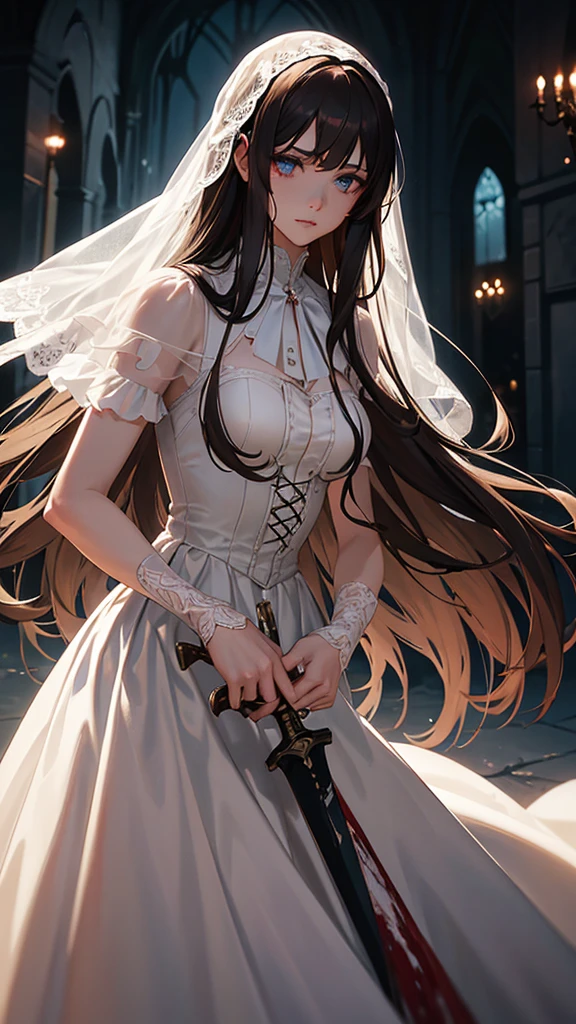 a beautiful detailed young adult girl with long brown hair with bangs, wearing a bloody wedding dress, holding a knife, crying blue eyes, dramatic lighting, dark gothic fantasy style, highly detailed, photorealistic, cinematic, dramatic colors, dramatic shadows, moody atmosphere, realistic textures