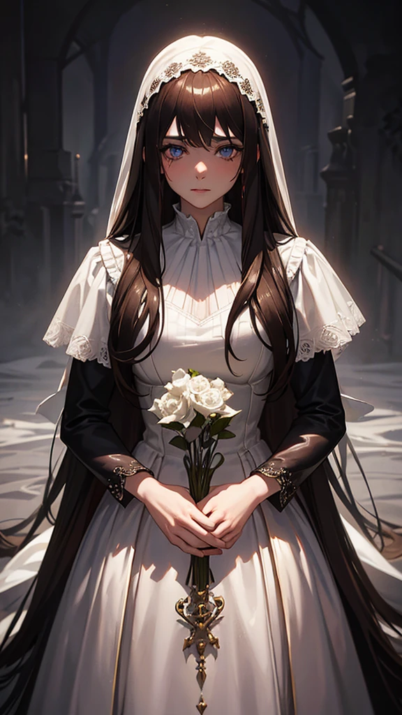 a beautiful detailed young adult girl with long brown hair with bangs, wearing a bloody wedding dress, holding a knife, crying blue eyes, dramatic lighting, dark gothic fantasy style, highly detailed, photorealistic, cinematic, dramatic colors, dramatic shadows, moody atmosphere, realistic textures